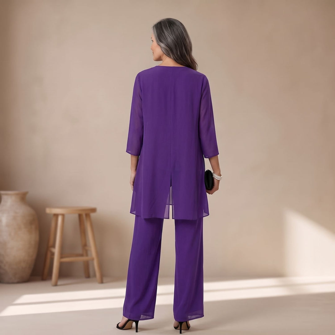 Women's Elegant Lace-Trim Chiffon Three-Piece Formal Pantsuit Set