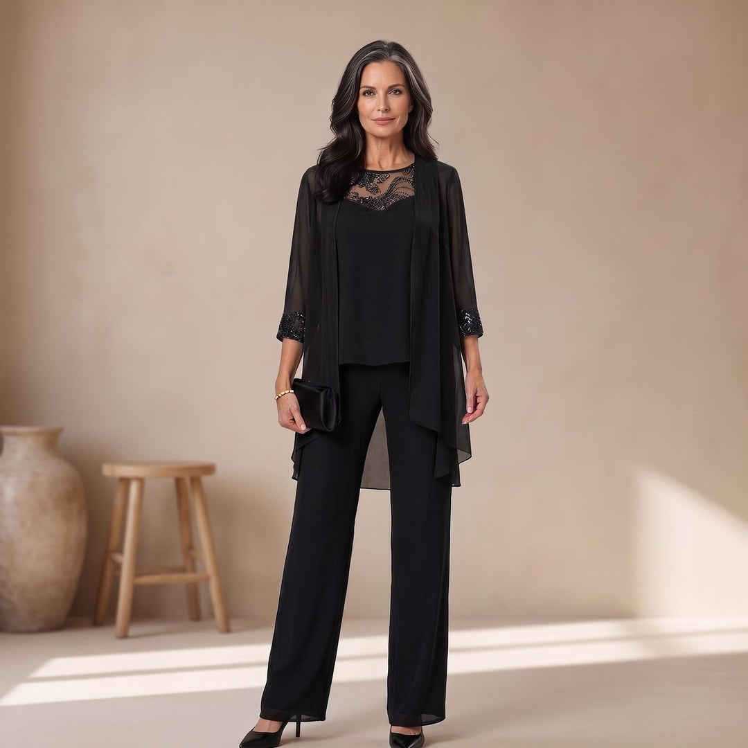 Women's Elegant Lace-Trim Chiffon Three-Piece Formal Pantsuit Set - Black