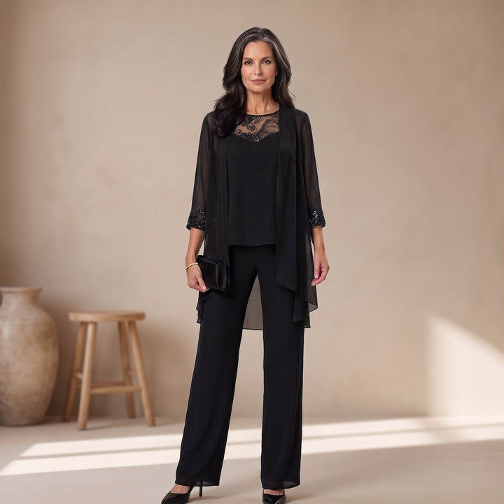 Women's Elegant Lace-Trim Chiffon Three-Piece Formal Pantsuit Set - Black