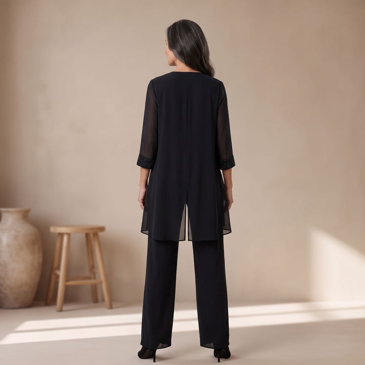 Women's Elegant Lace-Trim Chiffon Three-Piece Formal Pantsuit Set