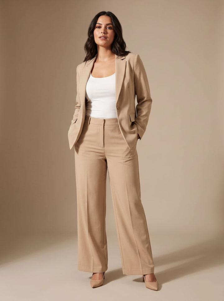 Women's Elegant Ladies Pant Suit Two-Piece Blazer Set - Beige