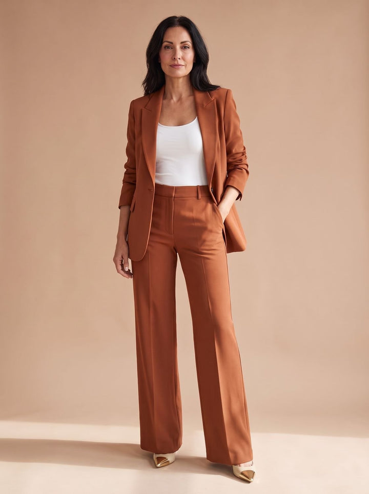 Women's Elegant Ladies Pant Suit Two-Piece Blazer Set - Brown