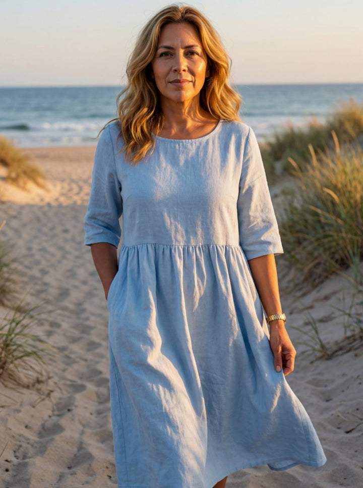 Women's Elegant Linen Gathered-Waist Round-Neck Midi Dress - Blue
