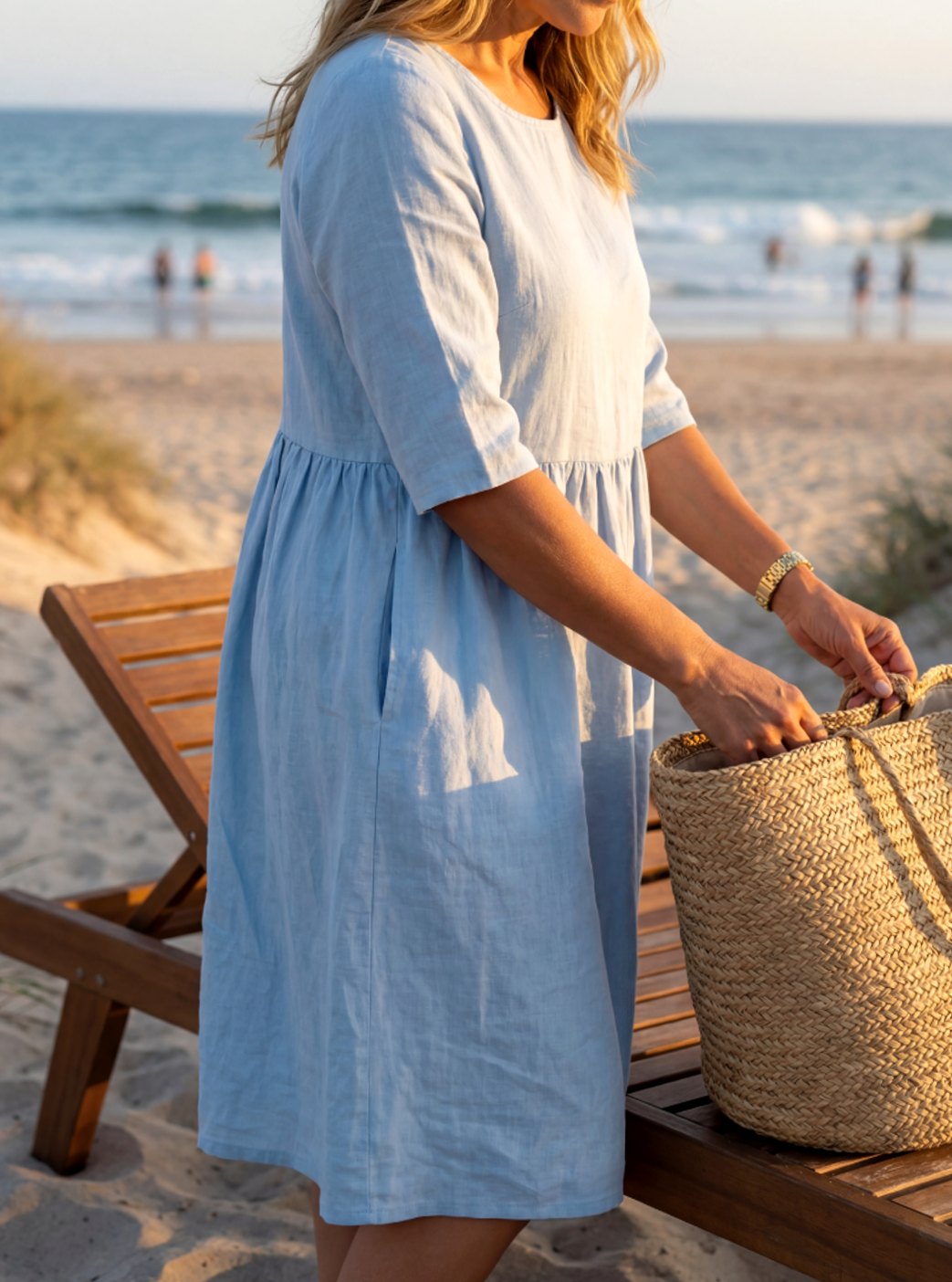 Women's Elegant Linen Gathered-Waist Round-Neck Midi Dress