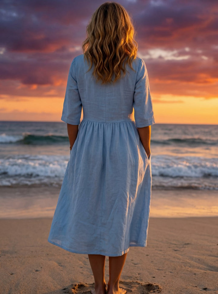 Women's Elegant Linen Gathered-Waist Round-Neck Midi Dress