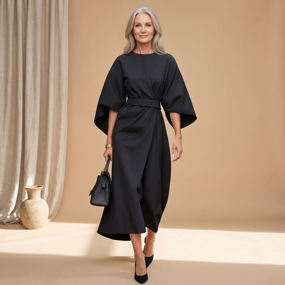 Women's Elegant Long Sleeve Midi Dress Lantern Sleeves Waistband - Black