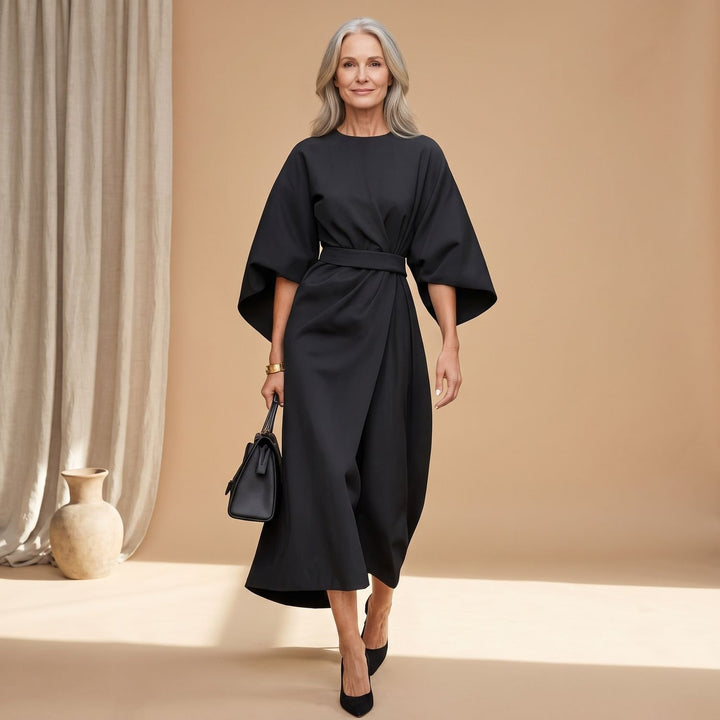 Women's Elegant Long Sleeve Midi Dress Lantern Sleeves Waistband - Black
