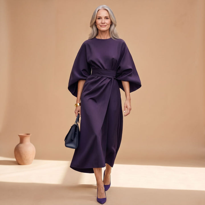 Women's Elegant Long Sleeve Midi Dress Lantern Sleeves Waistband - Purple