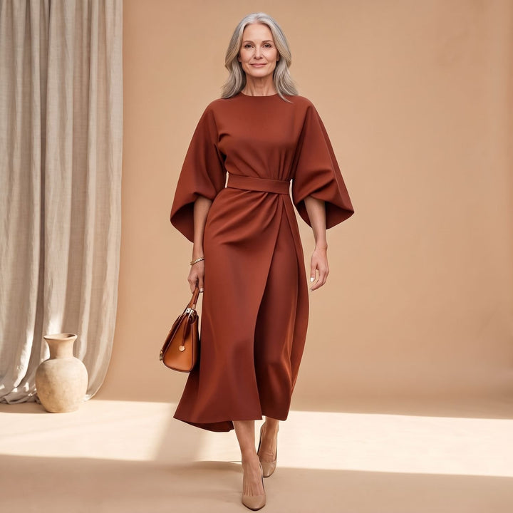 Women's Elegant Long Sleeve Midi Dress Lantern Sleeves Waistband - Rust Brown