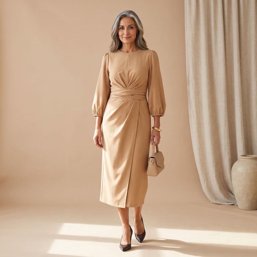 Women's Elegant Long Sleeve Midi Dress Lantern Sleeves Waistband - Beige
