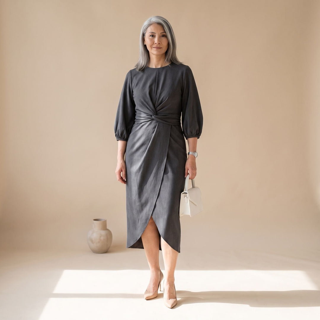 Women's Elegant Long Sleeve Midi Dress Lantern Sleeves Waistband - Gray