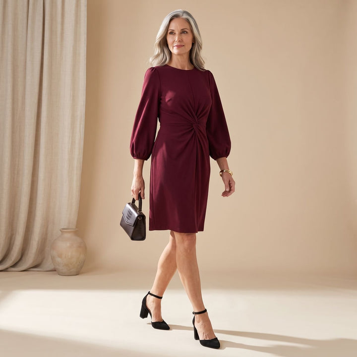 Women's Elegant Long Sleeve Midi Dress Lantern Sleeves Waistband - Burgundy