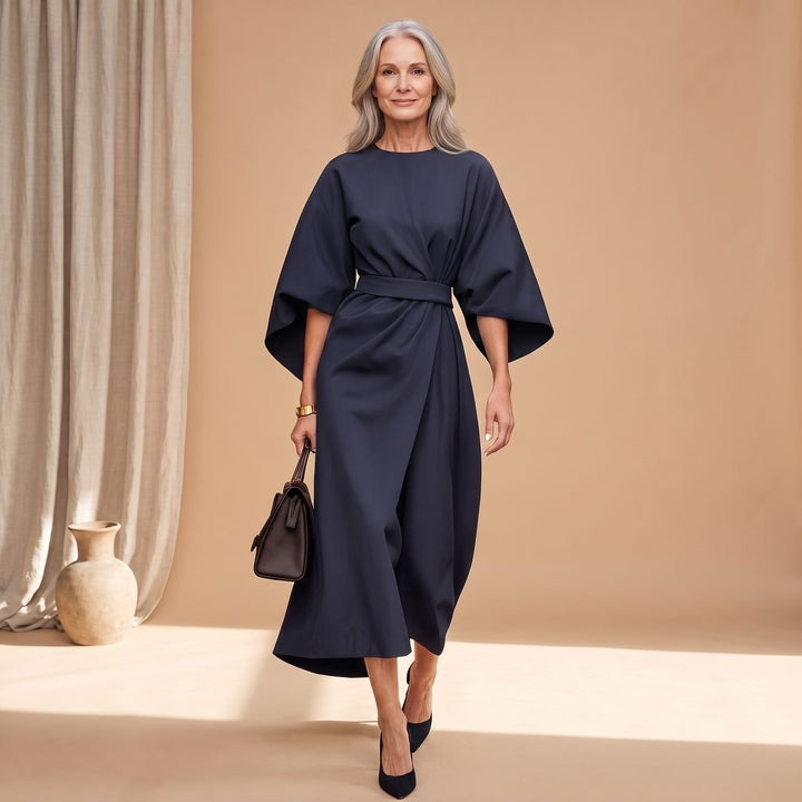 Women's Elegant Long Sleeve Midi Dress Lantern Sleeves Waistband - Navy Blue