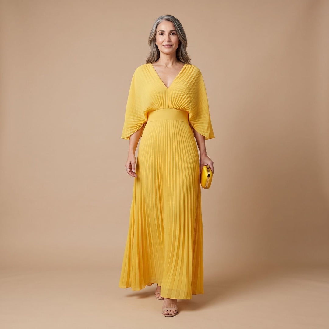 Women's Elegant Pleated Kimono-Sleeve V-Neck Maxi Dress - Yellow