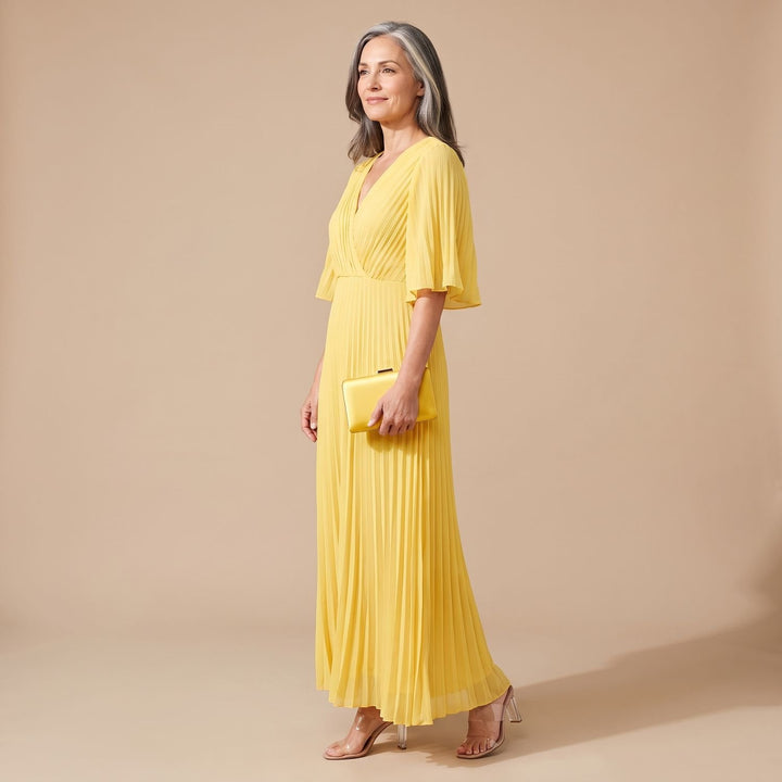 Women's Elegant Pleated Kimono-Sleeve V-Neck Maxi Dress
