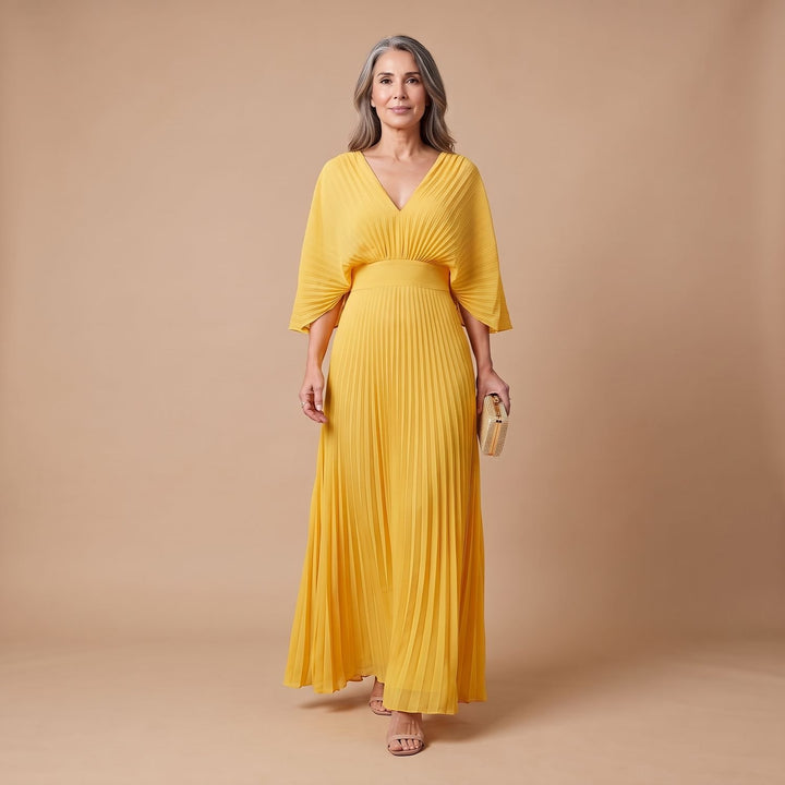 Women's Elegant Pleated Kimono-Sleeve V-Neck Maxi Dress