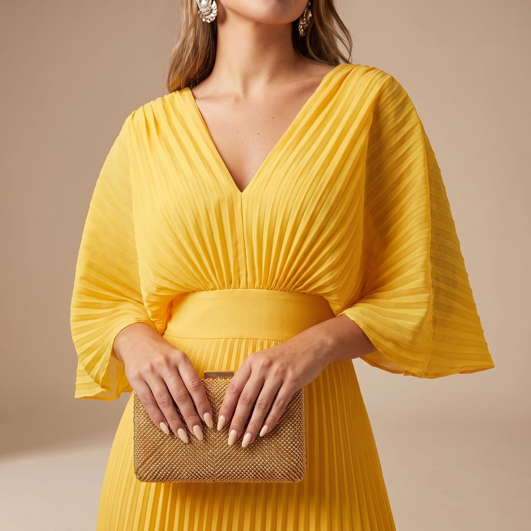 Women's Elegant Pleated Kimono-Sleeve V-Neck Maxi Dress