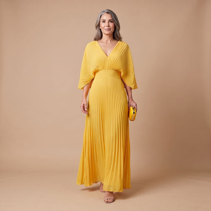 Women's Elegant Pleated Kimono-Sleeve V-Neck Maxi Dress - Dark Blue