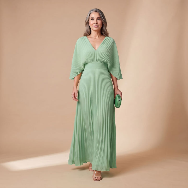 Women's Elegant Pleated Kimono-Sleeve V-Neck Maxi Dress - Green