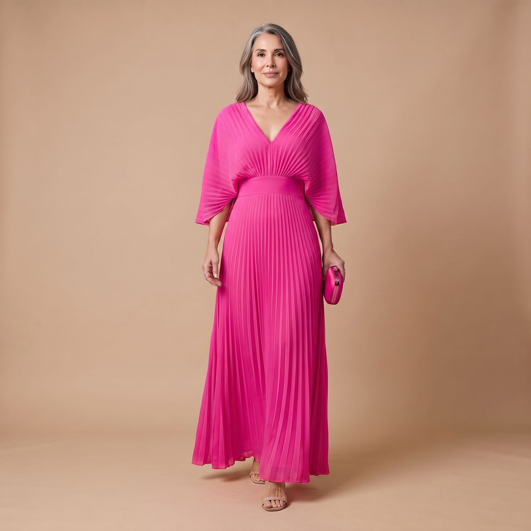 Women's Elegant Pleated Kimono-Sleeve V-Neck Maxi Dress - Pink