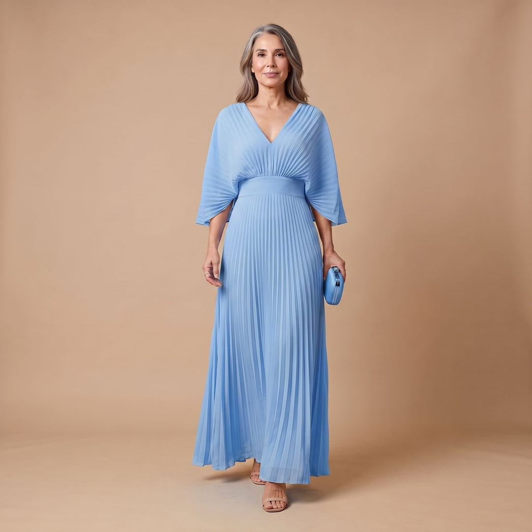 Women's Elegant Pleated Kimono-Sleeve V-Neck Maxi Dress - Blue