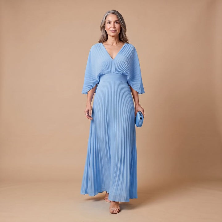 Women's Elegant Pleated Kimono-Sleeve V-Neck Maxi Dress - Blue