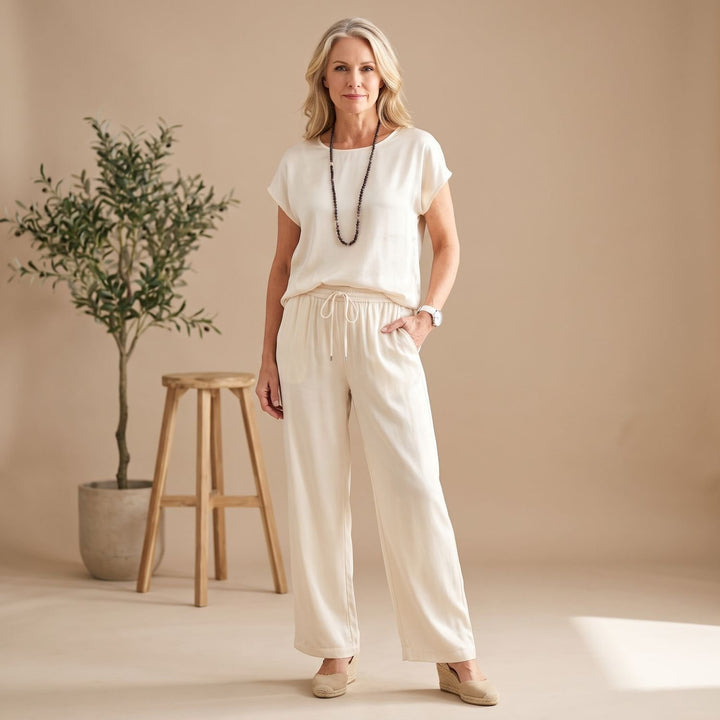 Women's Elegant Two Piece Set Silky Wide-Leg Pants Blouse - White