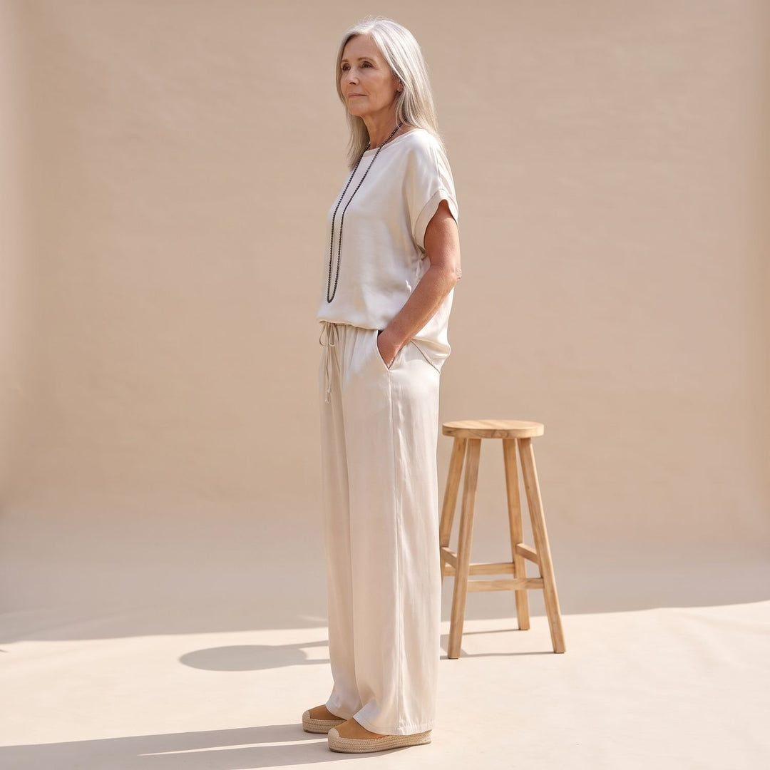 Women's Elegant Two Piece Set Silky Wide-Leg Pants Blouse