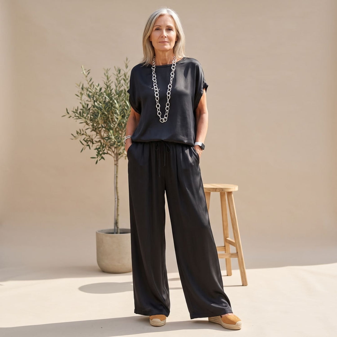 Women's Elegant Two Piece Set Silky Wide-Leg Pants Blouse - Black