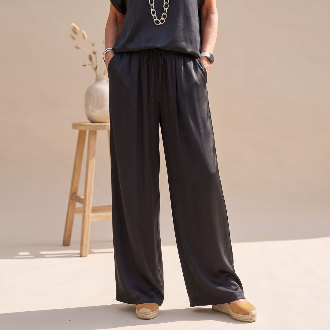 Women's Elegant Two Piece Set Silky Wide-Leg Pants Blouse