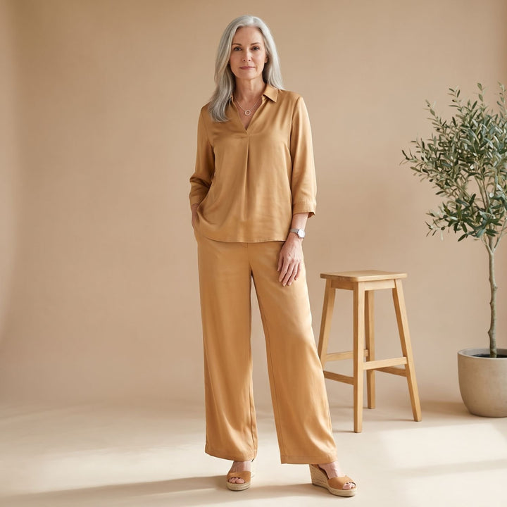 Women's Elegant Two Piece Set Silky Wide-Leg Pants Blouse - Camel