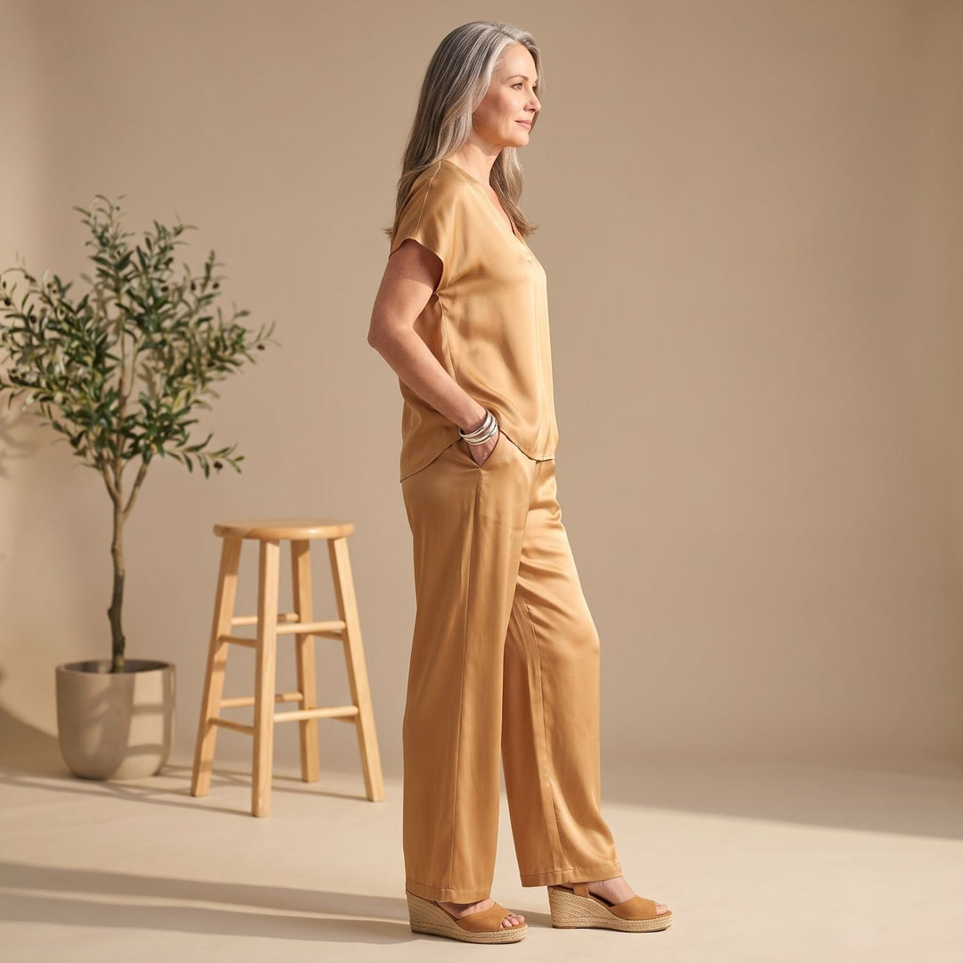 Women's Elegant Two Piece Set Silky Wide-Leg Pants Blouse