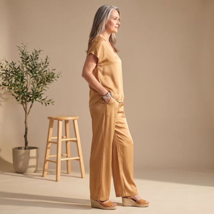 Women's Elegant Two Piece Set Silky Wide-Leg Pants Blouse