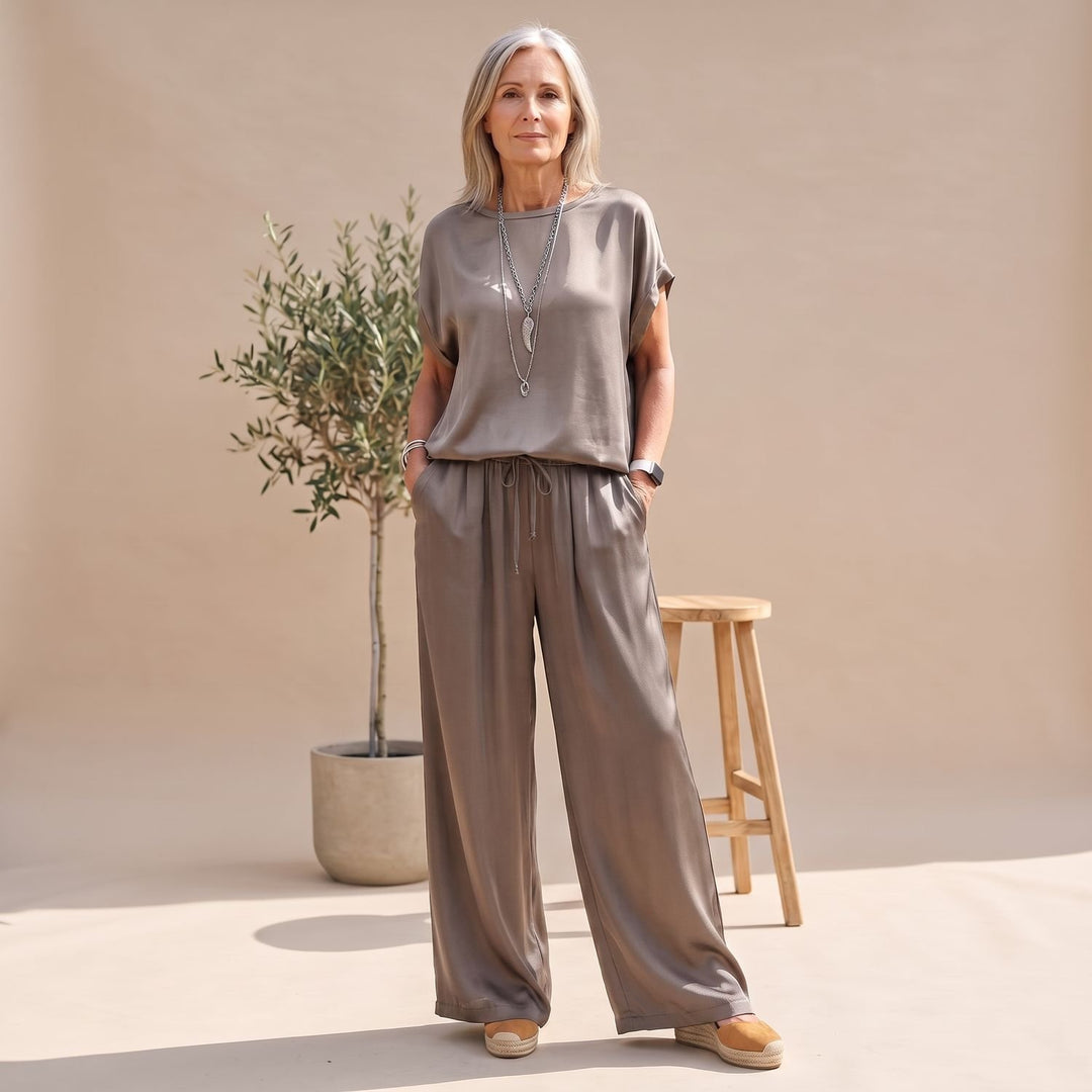 Women's Elegant Two Piece Set Silky Wide-Leg Pants Blouse - Gray