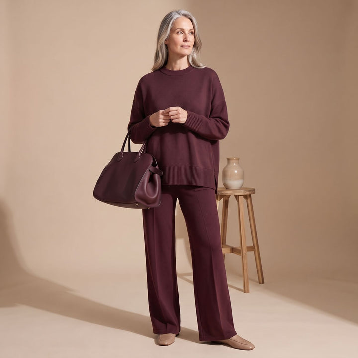 Women's Elegant Two Piece Set Wide-Leg Pants Mock-Neck Zip Top - Deep Red