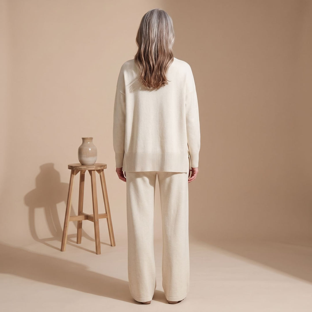 Women's Elegant Two Piece Set Wide-Leg Pants Mock-Neck Zip Top