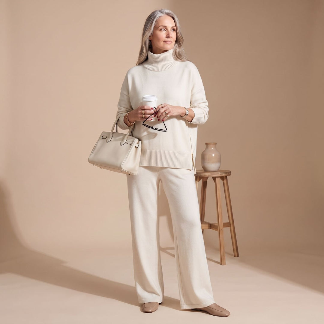 Women's Elegant Two Piece Set Wide-Leg Pants Mock-Neck Zip Top - White