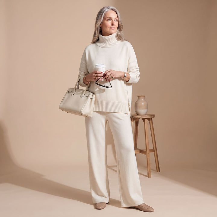 Women's Elegant Two Piece Set Wide-Leg Pants Mock-Neck Zip Top - White
