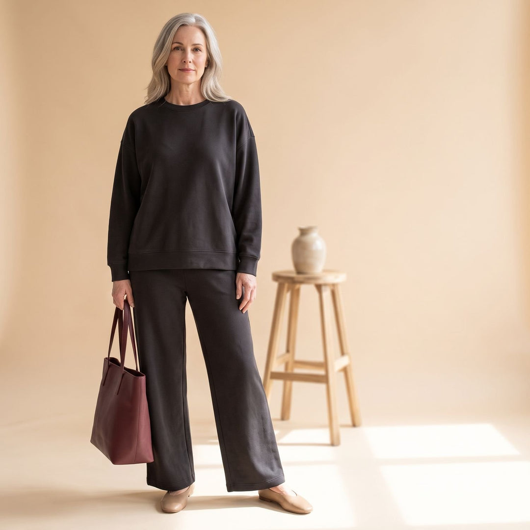 Women's Elegant Two Piece Set Wide-Leg Pants Mock-Neck Zip Top - Black