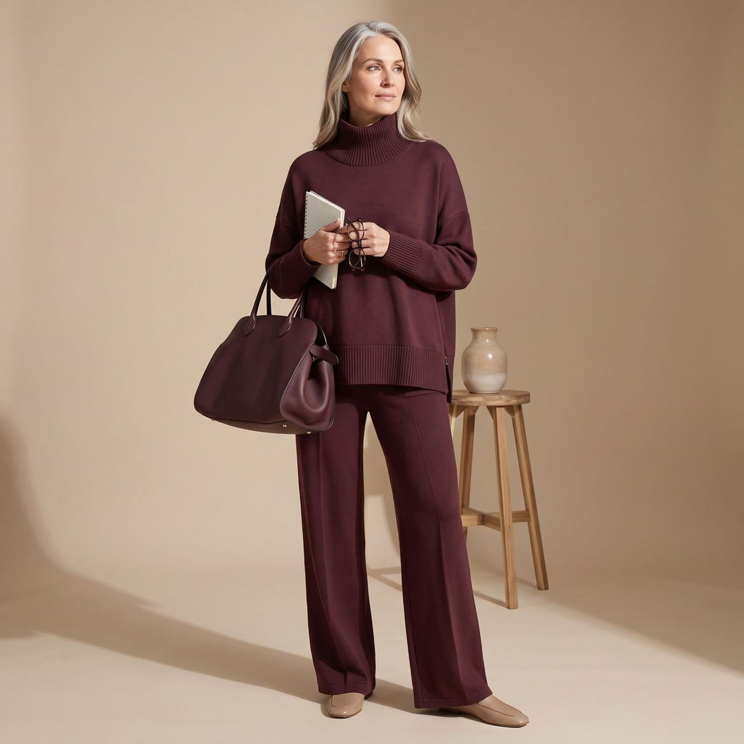 Women's Elegant Two Piece Set Wide-Leg Pants Mock-Neck Zip Top