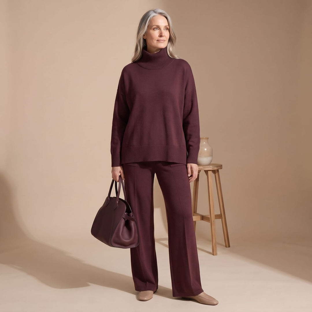 Women's Elegant Two Piece Set Wide-Leg Pants Mock-Neck Zip Top