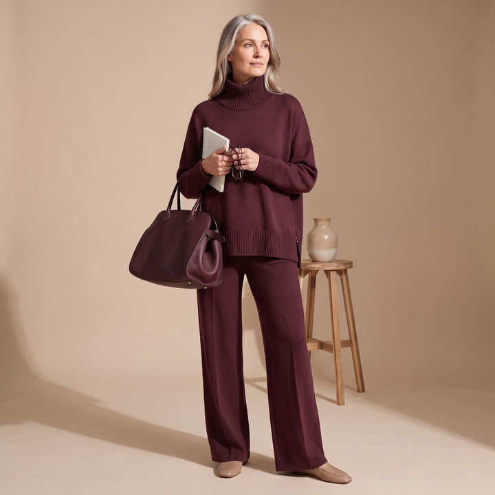 Women's Elegant Two Piece Set Wide-Leg Pants Mock-Neck Zip Top