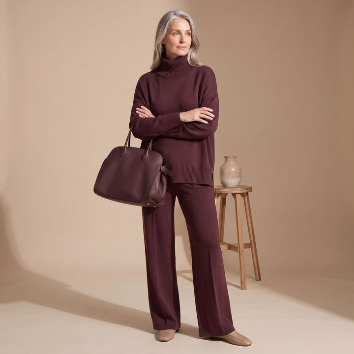 Women's Elegant Two Piece Set Wide-Leg Pants Mock-Neck Zip Top