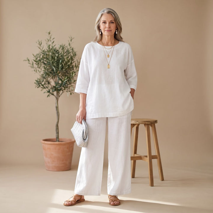 Women's Elegant Two Piece Set Wide-Leg Pants Relaxed Linen Top - White