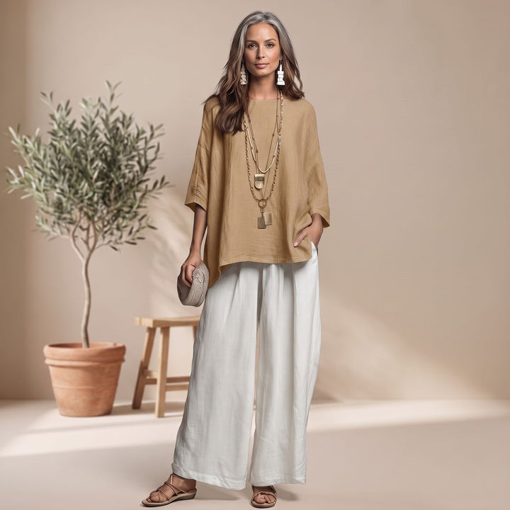Women's Elegant Two Piece Set Wide-Leg Pants Relaxed Linen Top - Khaki