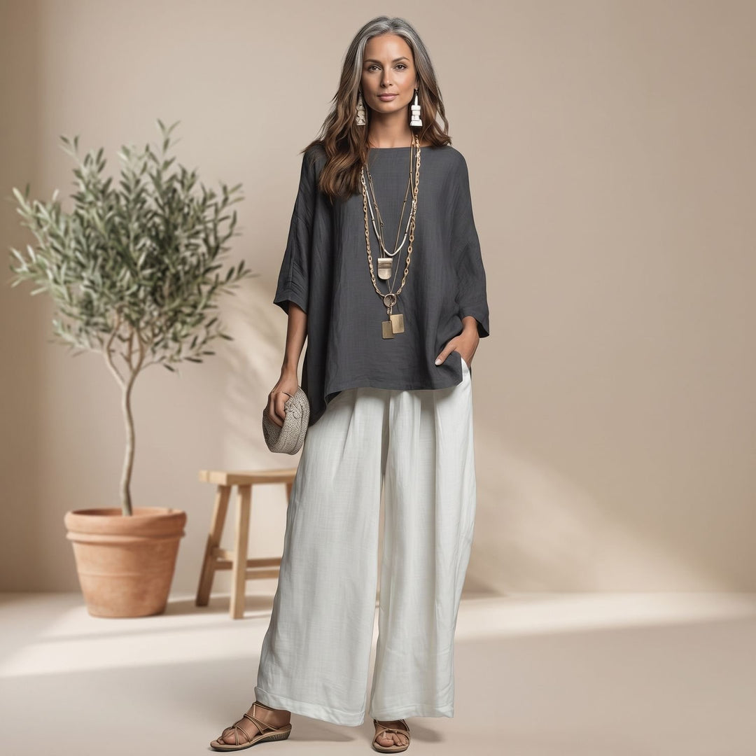 Women's Elegant Two Piece Set Wide-Leg Pants Relaxed Linen Top - Black