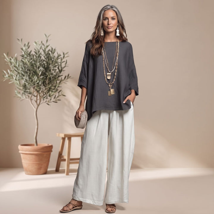 Women's Elegant Two Piece Set Wide-Leg Pants Relaxed Linen Top