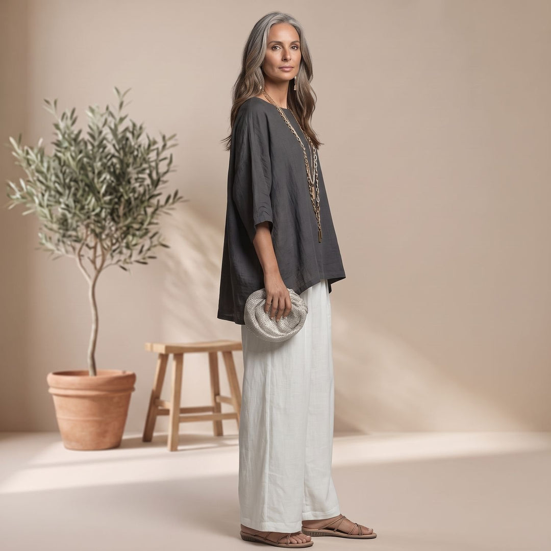 Women's Elegant Two Piece Set Wide-Leg Pants Relaxed Linen Top