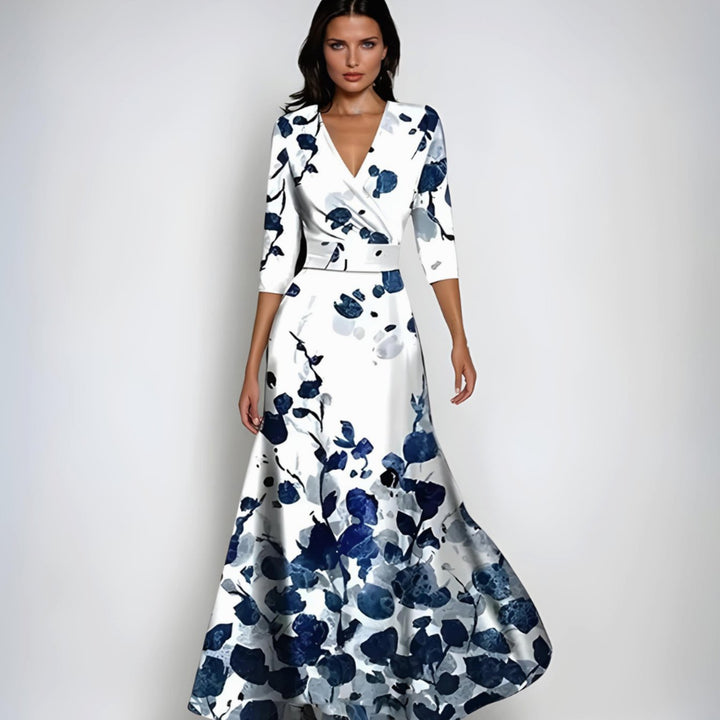 Women's Elegant V-Neck Wrap Maxi Floral Dress - White/Blue