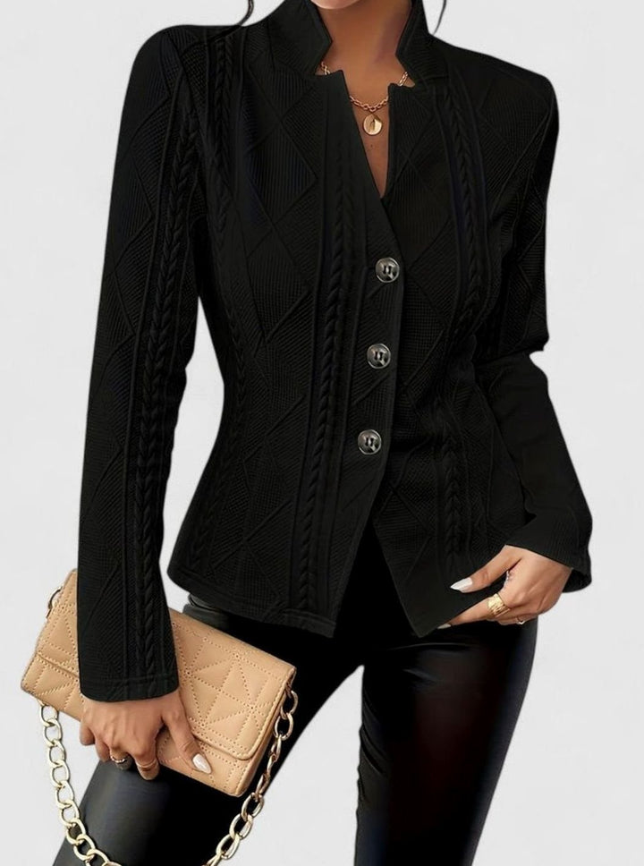 Women's Elegant Winter Coat Textured Button-Front Blazer Jacket - Black